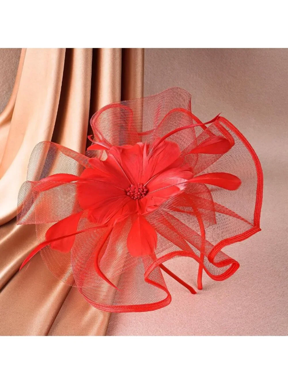 Vintage Tea Party Hat - Mesh Kentucky Fascinator Headband with Flower & Feather
